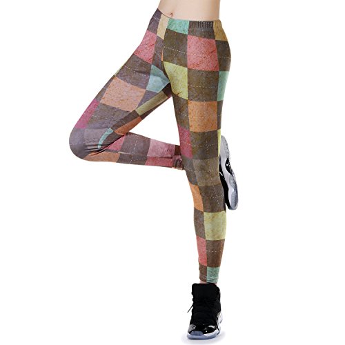 JewelryWe Damen Strumpfhose Sport Kariert Plaid Print Yoga Leggings Workout Fitness Running Pants Hose Mehrfarbig - Größe XL(EU 40-42) von JewelryWe