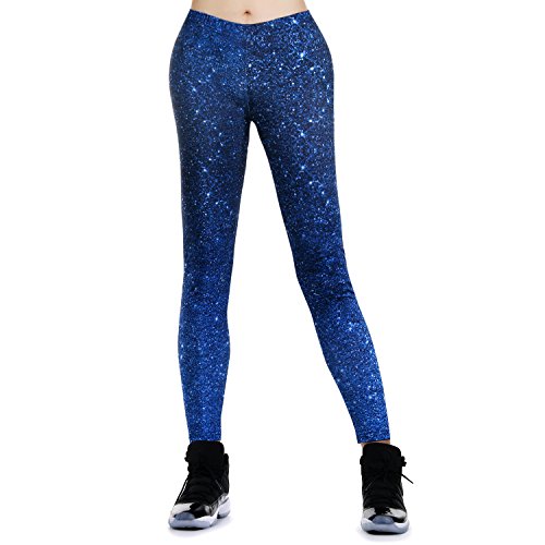 JewelryWe Damen Strumpfhose Sport Printed Sternenhimmel Yoga Leggings Workout Fitness Running Pants Hose Blau - Größe L(EU 38-40) von JewelryWe