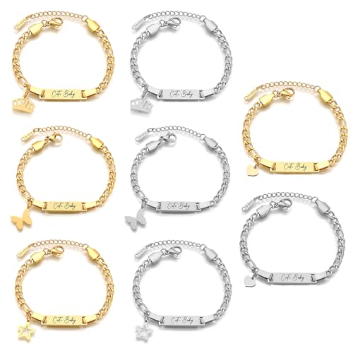 JewelryWe Personalisiert Armband Kinder Figarokette: 8pcs Edelstahl Hochglanz Poliert Krone Herz Stern Schmetterling Figaro Kette Kinderarmband Babyarmband Armkette mit Gravur für Junge Mädchen Baby von JewelryWe