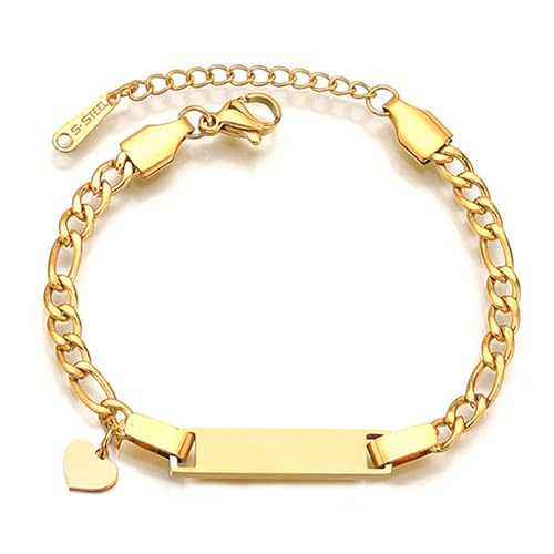 JewelryWe Personalisiert Armband Kinder Figarokette: Gold Edelstahl Hochglanz Poliert Herz Figaro Kette Kinderarmband Babyarmband Armkette mit Gravur für Junge Mädchen Baby von JewelryWe