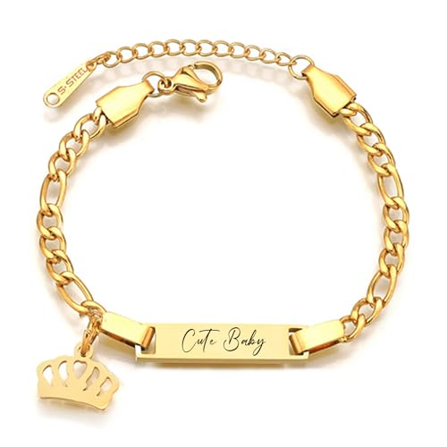 JewelryWe Personalisiert Armband Kinder Figarokette: Gold Edelstahl Hochglanz Poliert Krone Figaro Kette Kinderarmband Babyarmband Armkette mit Gravur für Junge Mädchen Baby von JewelryWe