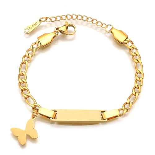 JewelryWe Personalisiert Armband Kinder Figarokette: Gold Edelstahl Hochglanz Poliert Schmetterling Figaro Kette Kinderarmband Babyarmband Armkette mit Gravur für Junge Mädchen Baby von JewelryWe