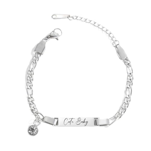 JewelryWe Personalisiert Armband Kinder Figarokette: Silber Edelstahl Zirkonia Hochglanz Poliert Figaro Kette Kinderarmband Babyarmband Armkette mit Gravur für Junge Mädchen Baby von JewelryWe