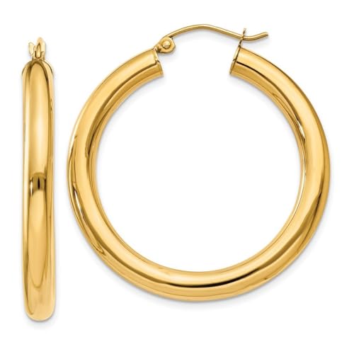 14 Karat Gelbgold, hohl, poliert, 4 mm, leichte, runde Creolen, Maße: 35 mm lang, 4 mm dick, Schmuck für Damen, One Size, Metall Gelbgold Goldfarben Metall Gelbgold, Kein Edelstein von JewelryWeb