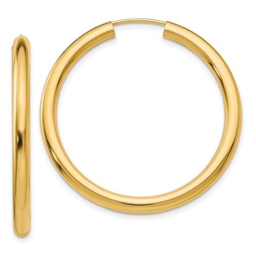 14 Karat Gelbgold, hohles Rohr, poliert, endlose Creolen, Maße: 35 x 35 mm breit, 3 mm dick, Schmuck für Damen, One Size, Metall Gelbgold Goldfarben Metall Gelbgold, Kein Edelstein von JewelryWeb