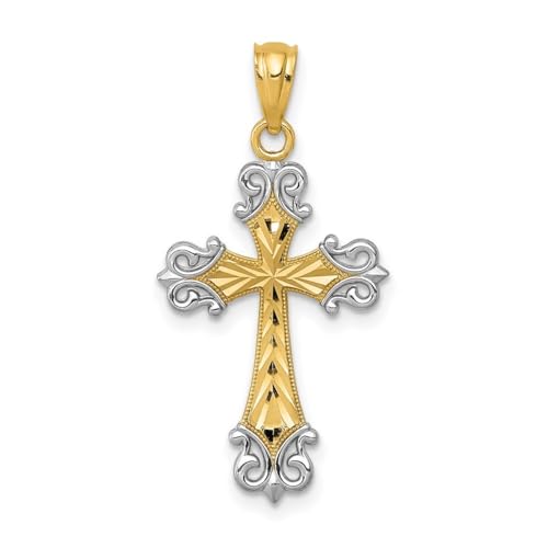 14 Karat Gelbgold, massiv, poliert, offene Rückseite, strukturierte Rückseite und Rhodium, glitzernder Schnitt, religiöser Glaube, Kreuz-Anhänger, Halskette, Maße: 14,9 x 28,9 mm, Schmuck für Damen, von JewelryWeb