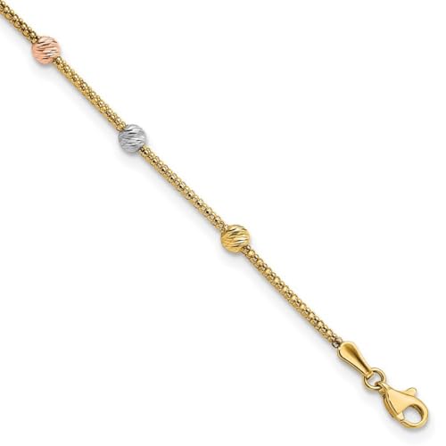 14 Karat dreifarbiges Gold mit 7 Stationen und Perlen und Kette, Armband misst 4 mm breit, Schmuck für Damen – 18 cm von JewelryWeb