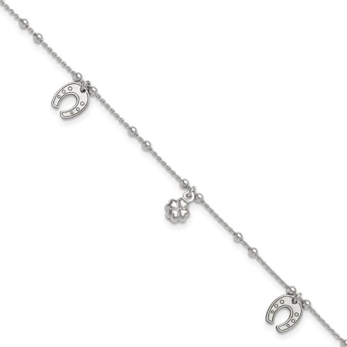 925er Sterlingsilber, Klee- und Hufeisen-Anhänger mit 2,5 cm Verlängerung, Fußkettchen, 8,88 mm breit, Schmuck für Damen, 23 cm, Sterling-Silber von JewelryWeb