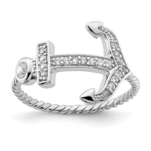 925er-Sterlingsilber, massiv poliert und strukturiert, Zirkonia, künstlicher Diamant, nautisches Schiff, Mariner, Anker-Ring, US-Größe 8, Schmuck für Damen, One Size, Cubic Zirkonia Metall Zirkonia von JewelryWeb