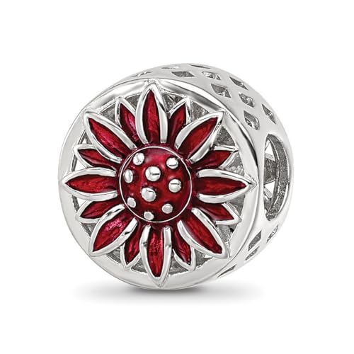 925er-Sterlingsilber, rhodiniert, rote Emaille, Blumen-Perle, Maße: 11,72 x 9 mm breit, Schmuck für Damen, One Size, Metall Emaille Aus Metall Rhodium, Kein Edelstein von JewelryWeb