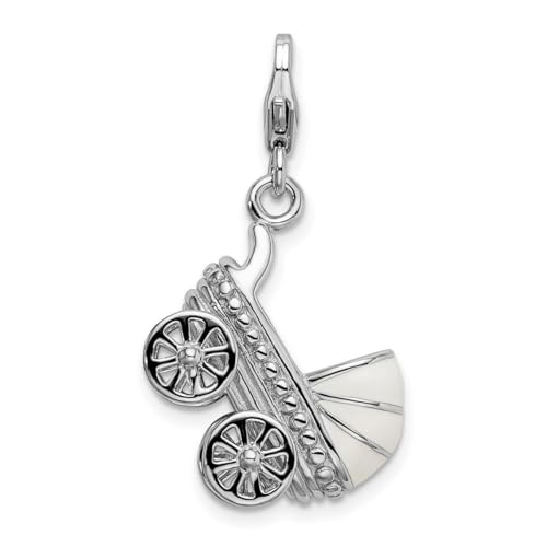 Anhänger aus 925er Sterlingsilber, massiv, poliert, ausgefallener Karabinerverschluss, 3D-emaillierter Kinderwagen, mit Karabinerverschluss, Maße: 31 x 17 mm, Schmuck für Damen von JewelryWeb