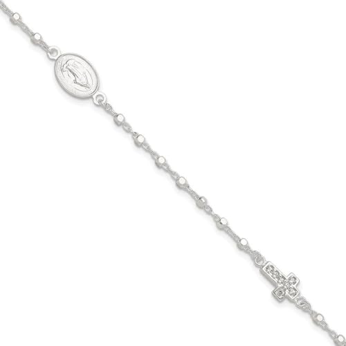 Armband aus 925er-Sterlingsilber, poliert, mit Zirkonia, künstlicher Diamant, religiöser Glaube, Kreuz und wundertätige Medaille, Schmuck, Geschenke für Frauen, 20 cm, Sterling-Silber Cubic Zirkonia, von JewelryWeb