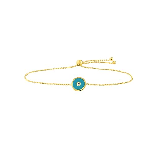 Bolo-Armband, 14 Karat Gelbgold, 0,030 Dwt, blaue Emaille, rund, böser Blick, 24 cm, Schmuck für Damen, Diamant von JewelryWeb