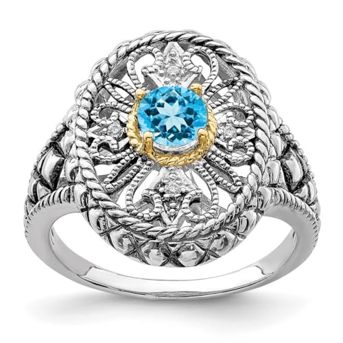 Damen-Ring aus 14-karätigem Gold und 925er-Sterlingsilber, polierter Blautopas und Zirkonia, künstlicher Diamant, oval, Größe 7, One Size, Cubic Zirkonia Blautopas Zirkonia Edelstein, Zirkonia Diamant von JewelryWeb