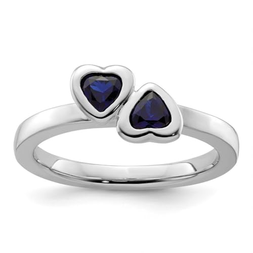 Damen-Ring aus 925er-Sterlingsilber, Lünette, poliert, stapelbar, Saphir, doppelte Liebe, Herz, US-Größe 8, One Size, Metall Edelstein Metall: Saphir, Erstellter Saphir von JewelryWeb