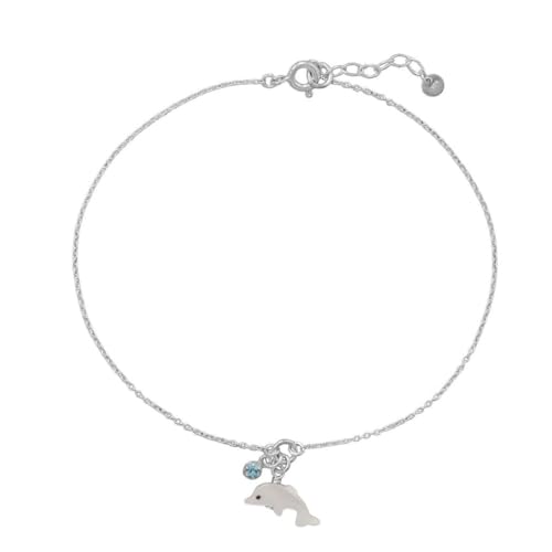 Fußkettchen aus 925er-Sterlingsilber, 24,1 cm + 2,5 cm, Delfin und Kristall, 24,1 cm + 2,5 cm Federringverschluss, Schmuck für Damen von JewelryWeb