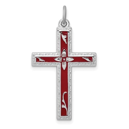 Halskette aus 925er-Sterlingsilber, massiv, poliert, flache Rückseite, rot emailliert, religiöser Glaube, Kreuz-Anhänger, Halskette, Maße: 29 x 18 mm breit, Schmuck für Damen, One Size, Metall Silber von JewelryWeb