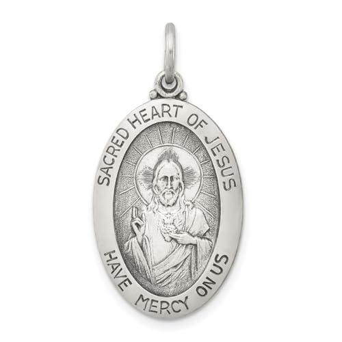 Halskette aus 925er-Sterlingsilber, massiv, poliert, nicht gravierbar, Heilige Liebe, Herz des religiösen Glaubens, Inspiration, Jesus-Medaille, Maße: 26 x 14 mm breit, Schmuck für Damen, One Size, von JewelryWeb