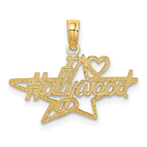 Halskette mit Anhänger aus 14 Karat Gelbgold, massiv, strukturiert, poliert, "I Love Heart", Hollywood-Stern, Maße: 16,3 x 21,55 mm breit, 0,5 mm dick, Schmuck für Damen, One Size, Metall Holz von JewelryWeb