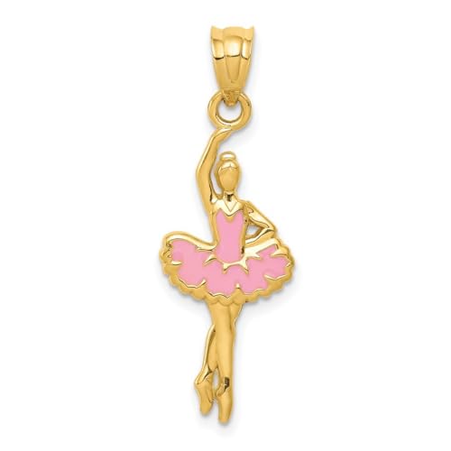 Halskette mit Ballerina-Anhänger aus 14-karätigem Gelbgold, poliert, offene Rückseite, rosa emailliert, Maße: 32,7 x 11,7 mm, Schmuck für Damen, One Size, Metall Emaille Goldfarben Aus Metall, Kein von JewelryWeb