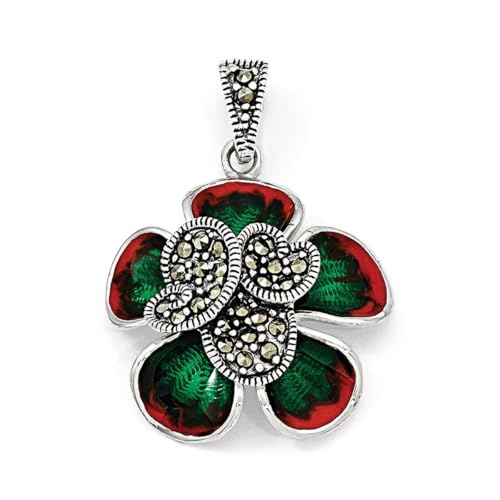 Halskette mit Blumen-Anhänger aus 925er Sterlingsilber, roter Emaille, Markasit und Emaille, Maße: 22 x 24 mm breit, Schmuck für Damen, One Size, Metall Emaille Edelstein Aus Metall, Markasit von JewelryWeb