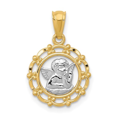 Halskette mit Engel-Anhänger aus 14 Karat Gelbgold, strukturierte Rückseite, poliert und satiniert, rhodiniert, Maße: 20,3 x 13,3 mm, Schmuck für Damen, One Size, Metall Goldfarben Aus Metall Rhodium, von JewelryWeb