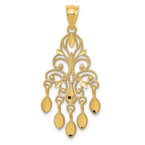 Halskette mit Kronleuchter-Anhänger aus 14 Karat Gelbgold, flache Rückseite, poliert, glitzernd, Maße: 36,7 x 15,9 mm, Schmuck für Damen von JewelryWeb