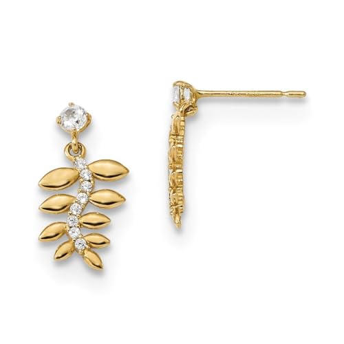 Madi K Kinder-Ohrringe, 14 Karat Gold, Zirkonia, künstlicher Diamant, Farnblätter, baumelnde Ohrstecker, Maße: 14 x 8,1 mm breit, Schmuck für Damen, One Size, Zirkonia Edelstein Metall, Zirkonia von JewelryWeb