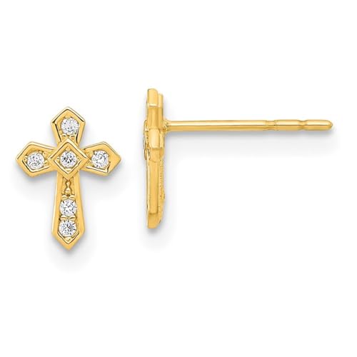 Madi K Ohrringe, 14 Karat Gold, poliert, religiöser Glaube, Kreuz, Zirkonia, künstlicher Diamant, 8 x 6 mm breit, Schmuck für Damen, One Size, Zirkonia Edelstein Zirkonia Edelstein Goldfarben, von JewelryWeb