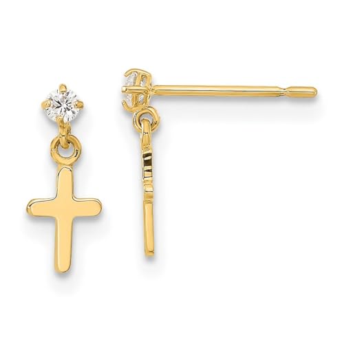 Madi K Ohrringe aus 14-karätigem Gold, für Jungen oder Mädchen, Zirkonia, künstlicher Diamant, religiöser Glaube, Kreuzpfosten, lange Tropfen-Ohrringe, Maße: 11 x 4,7 mm breit, One Size, Zirkonia von JewelryWeb