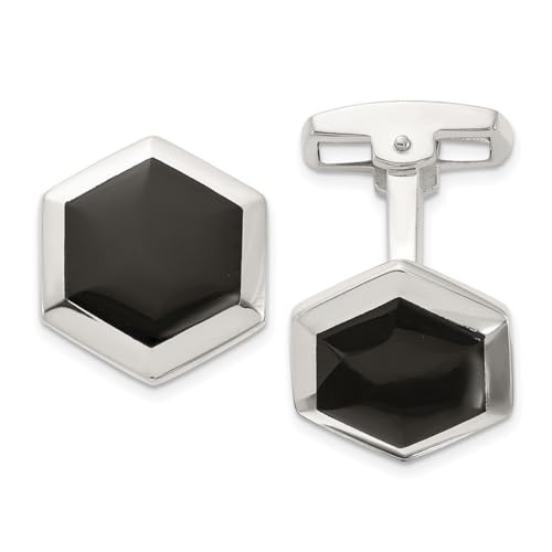 Manschettenknöpfe aus 925er Sterlingsilber, poliert, simulierter Onyx, sechseckig, Maße: 15 x 15 mm breit, Schmuck für Herren, One Size, Metall Silber Edelstein Metall Silberfarben, Onyx von JewelryWeb