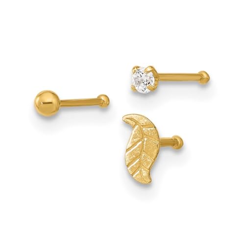 Nasenstecker, 2,9 mm, 14 Karat Gold, Blattkugel und Cubic Zirkonia, künstlicher Diamant, Schmuck für Damen, One Size, Cubic Zirkonia Edelstein Metall, Zirkonia von JewelryWeb