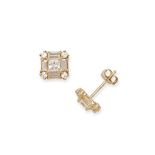 Ohrringe aus 14 Karat Gelbgold, Zirkonia, künstlicher Diamant, kleiner Prinzessin, Baguetteschliff, ausgefallene Ohrstecker, Maße: 7 x 7 mm, Schmuck für Damen, One Size, Zirkonia Edelstein Zirkonia von JewelryWeb