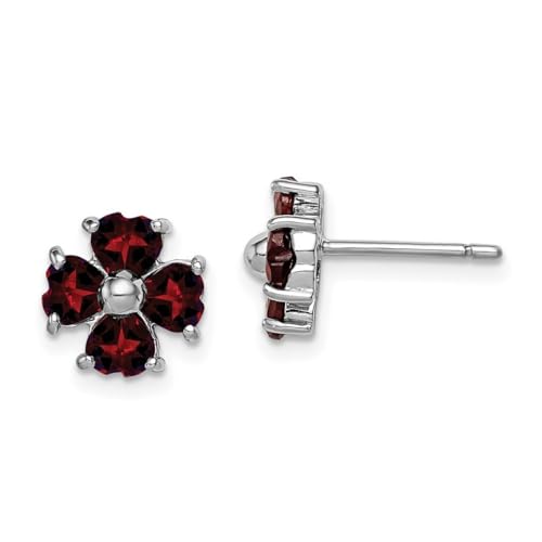 Ohrringe aus 925er-Sterlingsilber, massiv, poliert, offene Rückseite, Rhodium, Granat, Blumenstecker, 9 x 9 mm breit, Schmuck für Damen, Granat von JewelryWeb