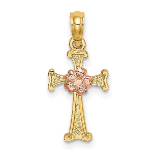 Religiöses Kreuz mit rosa Blume, 14 Karat Gold, 10 mm, Schmuck für Damen, One Size, Metall Goldfarben Aus Metall, Kein Edelstein von JewelryWeb