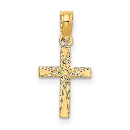 Religiöses Mini-Kreuz mit Blume, 14 Karat Gold, hochglanzpoliert und graviert, Schmuck für Damen, 10 mm von JewelryWeb