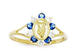 Ring aus 14 Karat Gelbgold, tiefblauer Zirkonia, künstlicher Diamant, US-Größe 5,5, Jungfrau Maria, für Jungen oder Mädchen, One Size, Cubic Zirkonia Zirkonia Edelstein Goldfarben, Zirkonia von JewelryWeb