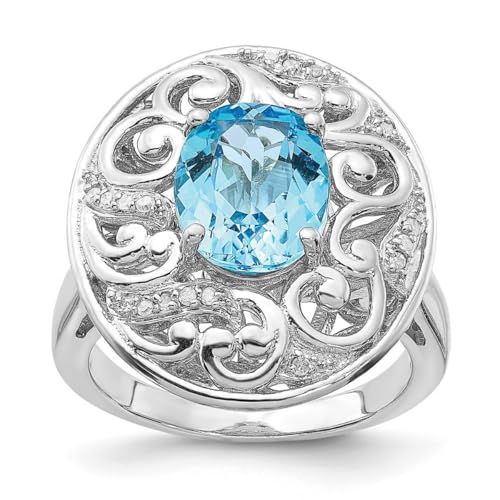 Ring aus 925er-Sterlingsilber, poliert, ausgefallene Rückseite, Blautopas und Diamant, Größe 7, 4 mm breit, Schmuck für Damen, One Size, Blautopas Diamanten Edelstein, Diamant Blauer Topas von JewelryWeb