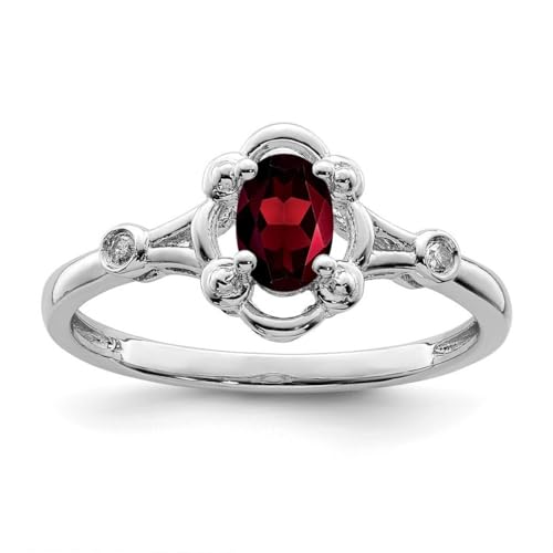 Ring aus 925er-Sterlingsilber, poliert, offene Rückseite, Granat und Diamant, 2 mm breit, Schmuck für Damen, Ringgrößen-Optionen: J bis T, Sterling Silber, Weißer Diamant von JewelryWeb