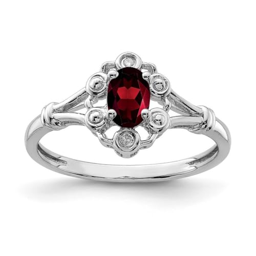 Ring aus 925er-Sterlingsilber, poliert, offene Rückseite, Granat und Diamant, 2 mm breit, Schmuck für Damen, Ringgrößen-Optionen: J bis T, Weißer Diamant von JewelryWeb