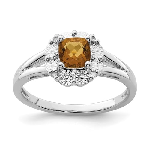 Ring aus 925er-Sterlingsilber, poliert, offene Rückseite, Whiskey-Quarz, Diamantring, Größe N 1/2, 2 mm breit, Schmuck für Damen, Weißer Diamant von JewelryWeb