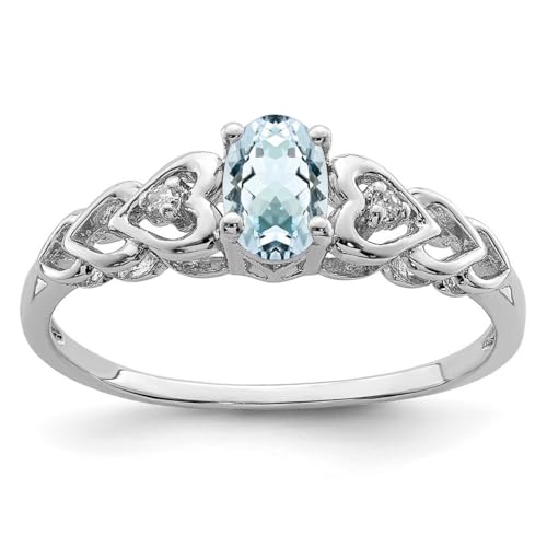 Ring aus 925er-Sterlingsilber, poliert, offener Rücken, Aquamarin und Diamant, 2 mm breit, Schmuck für Damen, Ringgrößen-Optionen: J bis T, Sterling Silber, Weißer Diamant von JewelryWeb