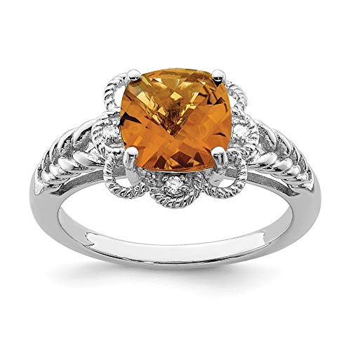 Ring aus 925er-Sterlingsilber, polierter Whisky-Quarz und Diamant, Größe N 1/2, 2 mm breit, Schmuck für Damen, Weißer Diamant von JewelryWeb