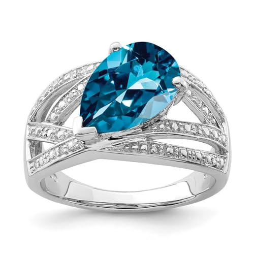 Ring aus 925er-Sterlingsilber, rhodinierter Diamant und Londoner Blautopas, 2 mm breit, Schmuck für Damen, Ringgrößenoptionen: L bis R, Sterling Silber, Weißer Diamant von JewelryWeb