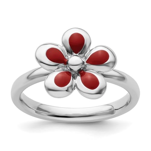 Ring aus 925er-Sterlingsilber, stapelbar, poliert, rot, emailliert, Blumenring, Größe 5, Schmuck für Damen, One Size, Metall Silber Emaille Metall: Silberfarben, Kein Edelstein von JewelryWeb