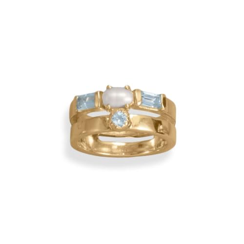 Ring mit 14 Karat vergoldetem 925er-Sterlingsilber, Süßwasser-Zuchtperle und Blautopas, 3 mm, runder Schmuck für Damen. Ringgrößenoptionen: L bis R, Topas von JewelryWeb