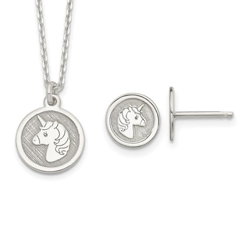 Set aus Halskette und Ohrringen aus 925er-Sterlingsilber, poliert und strukturiert, Einhorn für Jungen oder Mädchen, 36 cm, One Size, Metall Silber Sterling-Silber, Kein edelstein von JewelryWeb