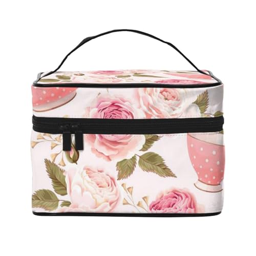 Tragbare Reise-Kosmetiktasche mit Teekannen-Motiv, Pink, Schwarz , Einheitsgröße von Jewoss
