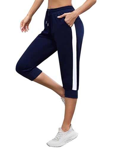 Jezonga Caprihose Damen Jogginghose 3/4 Sporthose Baumwolle Sommer Freizeithose Trainingshose mit Bündchen High Waist Sweathose Streifen Freizeit Hose für Jogging Sport Yoga Dunkelblau M von Jezonga