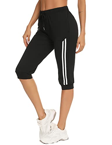 Jezonga Damen Jogginghose Capri Cropped Sweatpants Hose Weich Workout Gym Laufen Lounge Trainingshose mit Taschen, Schwarz , M von Jezonga